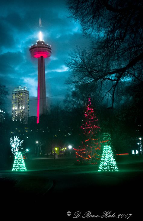 Skylon Tower Skylon Tower Niagara Falls, Skylon Tower, Space Needle, Seattle Skyline, Niagara Falls, Christmas Lights, Tower, Building, Lighting