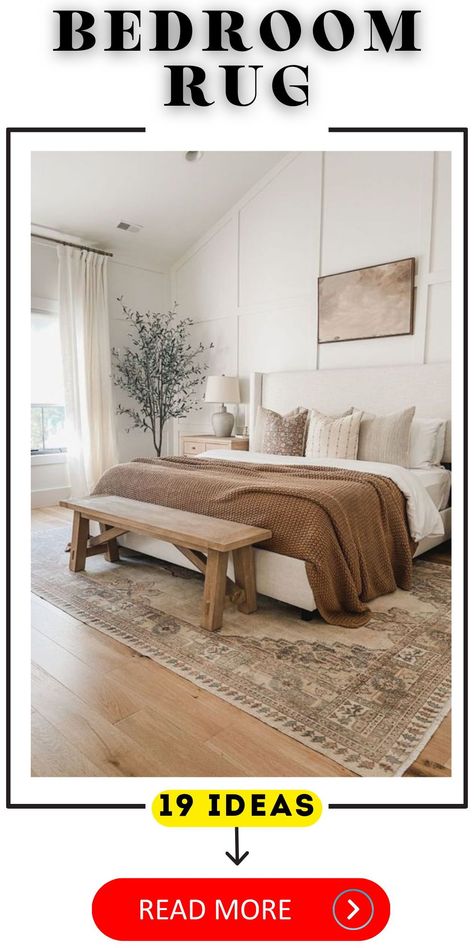 Refresh your bedroom with our cozy and chic rug ideas. From plush textures to elegant designs, find the rug that speaks to your style Rustic Bedroom Rug, Rug For Neutral Bedroom, Runner In Bedroom, Bedroom Rug Placement King, Bedroom Rug Layout, Bedroom Rugs Under Bed, Bedroom Rug Ideas, Bedroom Wooden Floor, Rugs Layout