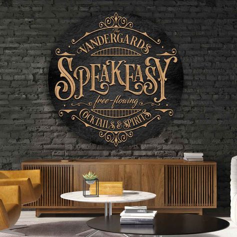 Whiskey Bar Decor, Farmhouse Basement Bar Ideas, Speakeasy Sign, Speakeasy Decor Bar, Whisky Lounge, Speakeasy Lounge, Academia Interior, Movie Rooms, Lounge Sign