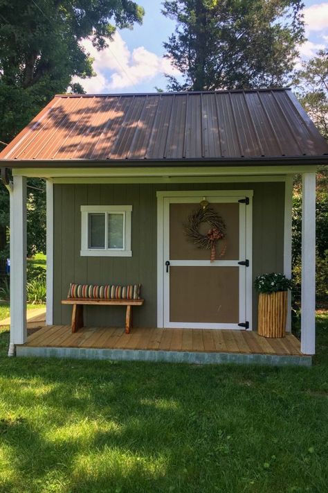 51+ Lovely and Cute Garden Shed Design ideas for Backyard Part 27 ; garden shed ideas; garden shed organization; garden shed interiors; garden shed plans; garden shed diy; garden shed ideas exterior; garden shed colours; garden shed design Diy Shed Porch, Backyard Workspace, Garden Shed With Porch, Shed Exterior Ideas, She Shed Office, 10x12 Shed, 10x12 Shed Plans, Shed With Porch, Shed Makeover