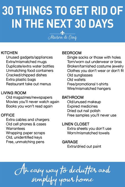 Are you overwhelmed with clutter but don't know where to start? Our list of 30 Things to Get Rid of in 30 Days will help!! Declutter easily with our 30 tips!---> #maisondecinq declutter organize organizing cleaningout organizeandclean tidyup mariekondo tidying How To Get Rid Of Things, Modern French Farmhouse, Bedroom Cleaning, Get Rid Of Stuff, Life Reset, Take Out Menu, Old Cell Phones, Organized Lifestyle, French Farmhouse Style