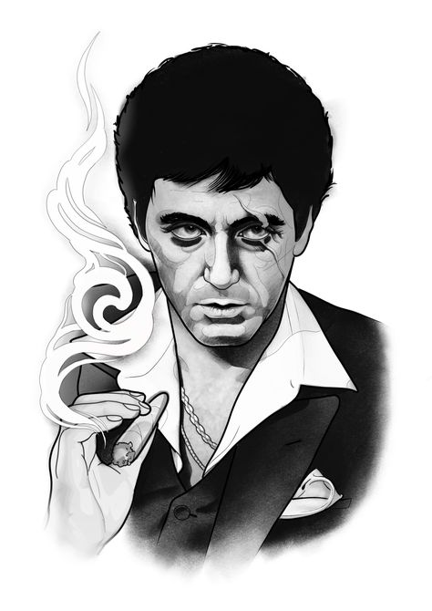 Tony Montana Tattoo Stencil, Scarface Drawing, Scarface Tattoo Design, Movie Character Tattoos, Scarface Tattoo, Gangster Drawings Easy, Pop Culture Tattoos, Cartoon Tattoo Ideas, Gangster Tattoo