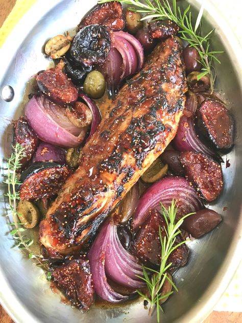 Pork Tenderloin with Figs, Onions and Olives Italian Mains, Lamp Chops, Keto Entrees, Mustard Pork Tenderloin, Cooking Pork Tenderloin, Mediterranean Meals, Stuffed Pork, Pig Pen, Fig Recipes