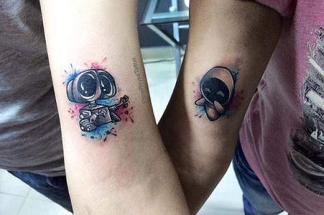 unusual couple tattoo #relationship Cute Couple Tattoos Unique, Eva Tattoo, Wall E Eva, Couples Tattoo Ideas, Alive Tattoo, Walle Y Eva, Geisha Tattoos, Partner Tattoos, Couples Tattoo