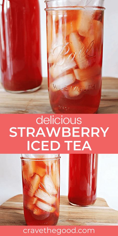 This easy, healthy Strawberry Iced Tea recipe is made with fresh sweet strawberries and maple syrup! Learn how to make Strawberry Iced Tea at home. The balsamic vinegar and peppercorns are optional! | cravethegood.com Strawberry Iced Tea, Sweet Tea Recipes, Iced Tea Recipe, Iced Drinks Recipes, Tea Drink Recipes, Tea At Home, Strawberry Balsamic, Strawberry Tea, Drink Recipes Nonalcoholic