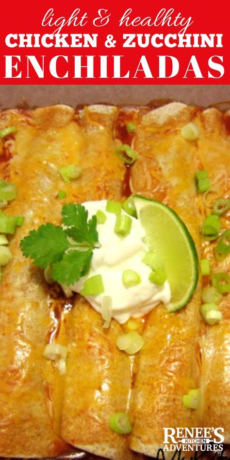 Chicken and Zucchini Enchiladas by Renee's Kitchen Adventures - easy recipe for Mexican inspired chicken and zucchini enchiladas full of healthy chicken breast and hidden zucchini rolled up in a whole wheat tortilla and smothered in enchilada sauce and cheese for a healthy comfort food choice! Not too spicy! #Mexican #enchiladas #healthyenchiladas #chickenenchiladas Meals To Make With Chicken, Chicken And Zucchini, Zucchini Enchiladas, Mexican Enchiladas, Recipes Zucchini, Zucchini Pizza, Latin Recipes, Low Fat Cheese, Healthy Chicken Breast