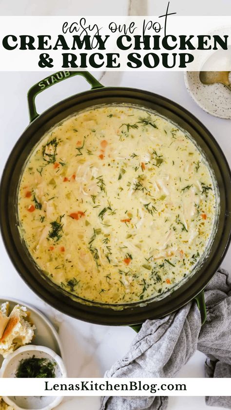 This Creamy Chicken and Rice Soup is the ultimate cozy meal for chilly days! With tender rotisserie chicken, jasmine rice, and aromatic herbs, it’s bursting with savory Mediterranean flavors and hearty textures. Pair it with a leafy green salad or crusty bread for a well-balanced dinner the whole family will love! Homemade Chicken And Rice Soup, Creamy Chicken And Rice Soup, Creamy Chicken And Rice, Rice Soup Recipes, Chicken Rice Soup, Creamy Chicken Soup, Creamy Recipes, Creamy Rice, Savory Soups