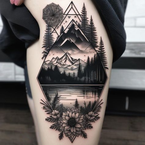 Back Arm Tattoo Women Half Sleeves, Unique Mountain Tattoos For Women, Feminine Outdoors Tattoo, Traveling Sleeve Tattoo, Mount Whitney Tattoo, Scenery Tattoo Women, Mountain Night Sky Tattoo, Mountain View Tattoo, Winter Sleeve Tattoo