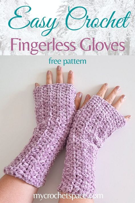 Crochet fingerless gloves the easy way! Beginner friendly, easy pattern that you can customize to your size. Simple crochet stitches and design. See crochet pattern on mycrochetspace.com Quick And Easy Crochet Fingerless Gloves, Easy Crochet Hand Warmers, Easy Crochet Fingerless Gloves Free, Easy Fingerless Gloves Crochet Pattern, Finger Less Gloves Crochet, Crochet Patterns Fingerless Gloves, Arm Warmers Crochet Pattern, Easy Crochet Gloves, Arm Warmers Crochet