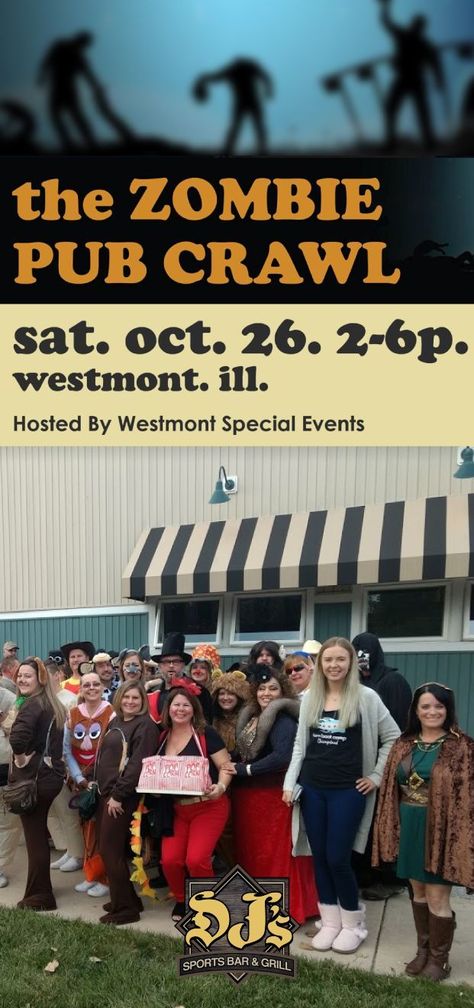 Get your tix! Westmont's 2019 Zombie Pub Crawl presented by Westmont Special Events is Saturday Oct. 26 from 2-6pm. Zombies must be 21 & over.    . Tickets are $18 per person - DJ's is on the Spooky Route | 4 Locations | Includes transportation, T-shirt, plus Tricks & Treats! At DJ's get $3 Candy Corn Shots & $1 each Bloody Finger Mozzarella Sticks! Our COSTUME CONTEST is at 8:00pm.  . Get tickets at westmontevents.com . #westmontevents #djswestmont #zombies #zombiepubcrawl Candy Corn Shots, Zombie Pub Crawl, 21 And Over, Mozzarella Sticks, Blue Food, Muddy Waters, Pub Crawl, Looking For People, Recycling Programs