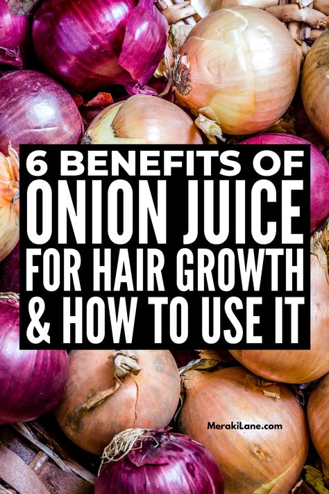 How to Use Onion Juice For Hair Growth | 9 Tips and Hacks! | Onion juice is the latest craze when it comes to hair growth hacks. If you want to know how to make onion juice at home, and how to apply it to your hair and scalp to make your hair grow longer and thicker, this post is for you. We're sharing 2 simple techniques to make DIY homemade onion juice, plus application tips and hacks to improve the health of your hair and scalp. Onion Juice For Hair Growth, Juice For Hair Growth, Juice For Hair, Onion Benefits, Onion Hair Growth, Onion Juice For Hair, Help Hair Growth, Thick Hair Remedies, Onion For Hair