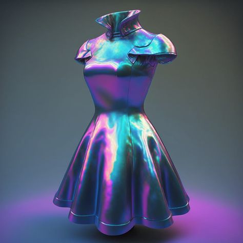 Short metallic looking, iridescent holographic short, short sleeved dress Oil Spill Dress, Purple Futuristic Outfit, Colorful Futuristic Fashion, Sci Fi Dress Future Fashion, Space Futuristic Aesthetic Outfit, Alien Outfit Aesthetic, Aliencore Outfit, Holographic Clothes, Holographic Outfit