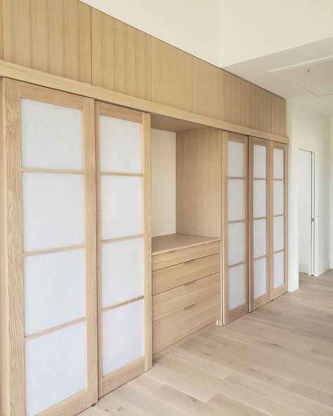 Japanese Wardrobe Design, Japandi Closet, Japandi Wardrobe, Japanese Closet, Rift Sawn White Oak, Shoji Paper, Wall Closet, Build A Closet, Door Panels