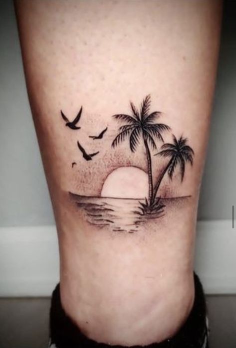 Strand Tattoo, Foot Tattoo Designs, Beach Inspired Tattoos, Beach Tattoo Ideas, Small Beach Tattoos, Beachy Tattoos, Island Tattoo, A Tattoo Design, Sunset Tattoos