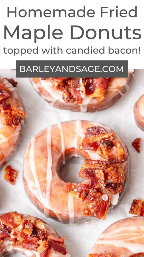 These deep fried maple bacon donuts are full of flavor from real maple syrup and then topped with candied bacon for a delightful sweet and savory treat! The donuts are light, fluffy, and the most perfect fall dessert! Maple Bacon Donuts Recipe, Donut Flavors Ideas, Maple Donuts Recipe, Donut Delight, Maple Bacon Donut, Potato Donuts, Maple Donuts, Baking Challenge, Bacon Donut