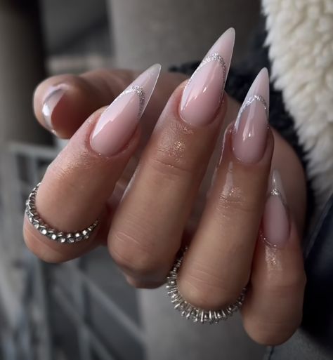 Long Pointy Nails Designs, Point Almond Nails, Almond Point Nails, Pointy Almond Nails Designs, Sharp Almond Acrylic Nails, Chrome Almond Nails Designs, Long Almond Nails Designs Classy, Nude And Sparkle Nails, Nude Stiletto Nail Designs