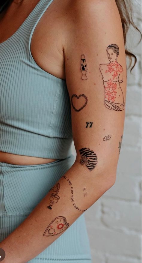 Female Patchwork Tattoo Sleeve, Women Patch Work Sleeve Tattoo, Many Tattoos On Arm, Micro Patchwork Tattoos, Line Work Patchwork Tattoos, Filler Tattoos Women, Patchwork Fine Line Tattoo Sleeve, Sticker Tattoo Sleeve Women, Tattoo Arms Woman