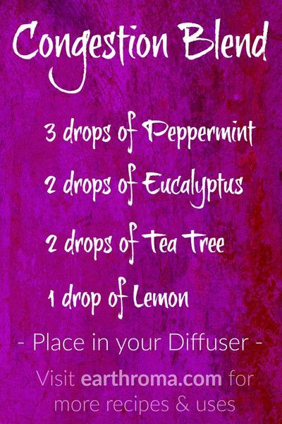 Essential Oil Congestion Blend Diffuser Recipe.  3 drops of Peppermint essential oil.  2 drops of Eucalyptus essential oil. 2 drops of Tea Tree essential oil. 1 drop of Lemon essential oil.  Place in your diffuser to help with congestion. visit earthroma.com/... for more recipes and blends. Essential Oils For Congestion, Essential Oil Diffuser Blends Recipes, Essential Oil Remedy, Essential Oils Health, Essential Oil Diffuser Recipes, Oil Diffuser Recipes, Yl Essential Oils, Essential Oil Blends Recipes, Diffuser Recipes