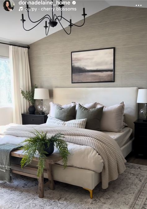 Black White Beige Blue Bedroom, Gray Brown Black Bedroom, Black Gray Tan Bedroom, Bedroom Inspirations With Plants, Primary Bedroom With Carpet, Grey Walled Bedroom, Cream Bedframe Room Decor, Light Bedroom With Dark Furniture, High Contrast Bedroom