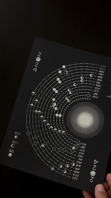 VQ™ Shop on Instagram: "Introducing the newest addition to our Lunar Calendar Collection. Available on the shop with an early bird special and ready for shipping! Previous calendars are being updated for 2024 and are available for preorder at a discount. Shipping starts mid November. Calendars are printed and hand foiled in-house in our signature silver foil on black heavyweight cardstock, packed and sealed in a sturdy envelope ready for gifting." Lunar Calendar 2024, Creative Calendar Design Layout, Clock Poster, Vintage Calendar, Calendar Layout, Self Branding, Astronomy Art, Moon Calendar, Lunar Calendar