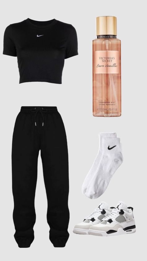 Casual Outfits With Sweatpants, Black Sweat Pants Outfit Casual, Sweat Pants Outfit, Black Joggers Outfit, Cute Nike Outfits, Clueless Outfits, Shoes Outfit Fashion, Pants Outfit Casual, Joggers Outfit