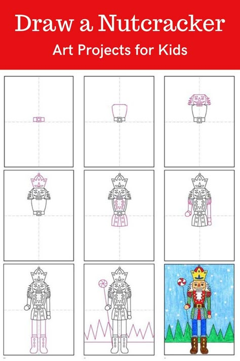 Learn how to draw a Nutcracker with an easy step-by-step PDF tutorial. #howtodraw #tutorial #drawing #drawingtutorial #arttutorial #artprojectsforkids #howtodrawforkids #nutcracker Drawing Projects For Kids, Nutcracker Art, Julie Jones, Art Teacher Ideas, Tutorial Drawing, 3rd Grade Art, School Coloring Pages, Project Steps, Art Craft Ideas