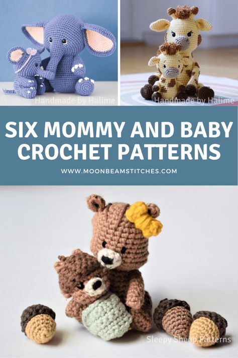 Six Mommy and Baby Animal Crochet Patterns - Moonbeam Stitches Animal Crochet Patterns, Crochet Amigurumi Patterns, Animal Crochet, Mommy And Baby, Step By Step Crochet, Wood Animal, Mommy Baby, Crochet Bookmarks, Animal Patterns