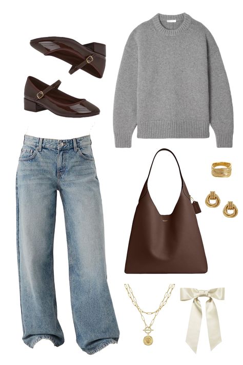 Get Cozy with the Cutest Fall Outfit!  Sweater weather is here and we’re all about it! Check out this adorable gray sweater paired with blue jeans and a brown bag. But let’s not forget about the gold jewelry and bows that add the perfect touch of glam. This look is not only cute, but it’s also super comfortable and versatile for any occasion.  #FallFashionInspo #FallFashion #CozyAndCute #GoldJewelry Grey And White Striped Sweater Outfit, Light Denim Jeans Outfit Winter, How To Style Grey Sweater, Gray Brown Outfit, Light Gray Sweater Outfit, Light Denim Jeans Outfit, Light Wash Jeans Outfit, Mom Jeans Outfit Winter, Denim Jeans Outfit