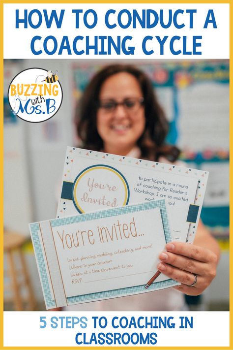 Conducting an instructional coaching cycle can be scary and stressful, but these five steps will help you get started with coaching in classrooms! Learn about how instructional coaches can support teachers through choosing and inviting a teacher to work with you, planning together, coteaching, debriefing, and more, all bundled into one friendly coaching cycle. These strategies and ideas will provide you with an easy approach to coaching! #instructionalcoaching #coachingcycle Literacy Coach Bulletin Board Ideas, Instructional Coaching Bulletin Board, Math Instructional Coach Office, Secondary Instructional Coaching, Instructional Coach Office, School Leadership Principal, Instructional Specialist, Instructional Coaching Forms, Math Coaching