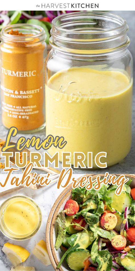 This Turmeric Lemon Tahini Dressing recipe is made with tahini, lemon juice, olive oil, ginger, turmeric and honey.  If you love all things lemon, ginger and honey, this tahini salad dressing is for you! It’s fresh and bright with a bit of gingery warmth, and it’s loaded with nutritional perks. Tahini Mustard Dressing, Turmeric Dressing Recipe, Lemon Tahini Dressing Recipe, Benihana Ginger Salad Dressing, Tahini Dressing For Salad, Recipe With Tahini, Salad Dressing Recipes Vinaigrette, Tahini Salad, Tahini Salad Dressing