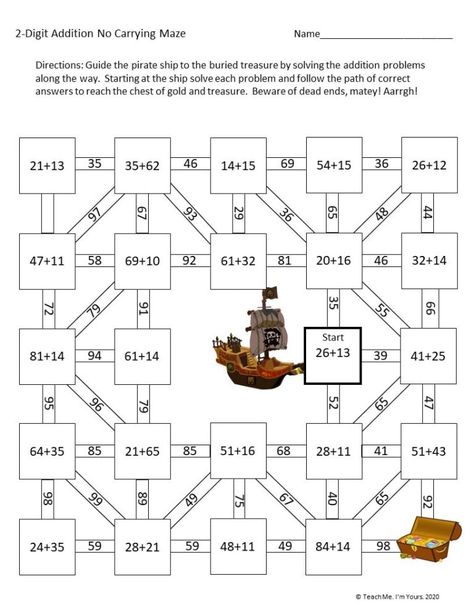 FREE 2-Digit Addition Math Maze (No Carrying) | Teach Me. I'm Yours. Pirate Math Worksheets, Math For Grade 5, Maths Worksheets Grade 2, Pirate Maths Activities, Math Puzzles For Kids, Math 2nd Grade, Pirate Maths, Math Worksheets For Kids, Math Addition Games