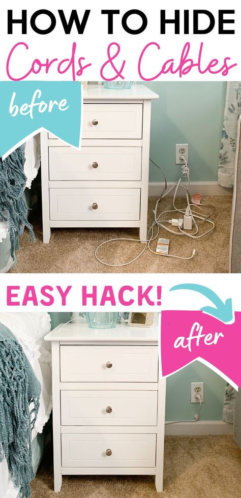 Are you tired of having of having cords and cables strung out all over your bedroom floor? Check out this awesome hack to hide and organize your bedside cords and cables! This organizing idea perfectly and neatly hides and organizes your cords! #masterbedroom #lifehacks #howtohidecords #homehacks #bedroomdecor #bedroomorganization Bedside Table Cable Management, Bedside Cord Organization, Nightstand Cord Organization, How To Hide Cords On Floor, Bedside Storage Ideas, Unusual Bedside Tables, Hide Electrical Cords, Diy Organizing, Hide Cords