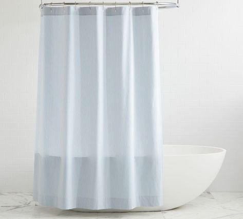 Wheaton Striped Organic Shower Curtain | Pottery Barn Canada Pottery Barn Curtains, Waffle Weave Shower Curtain, Outdoor Dinnerware, Small Entryways, Cotton Shower Curtain, Striped Shower Curtains, Floral Shower Curtains, Shower Curtain Rings, Entryway Furniture