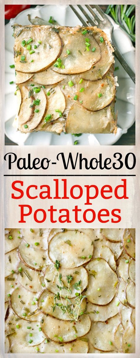 Paleo Whole30 Scalloped Potatoes - Real Food with Jessica Whole 30 Scalloped Potatoes, Whole 30 Easter Dinner, Whole 30 Easter Side Dishes, Whole 30 Easter Recipes, Whole 30 Easter, Paleo Easter, Potatoes Baked, Paleo Side Dishes, Paleo Sides