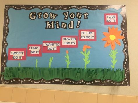 Growth Mindset Bulletin Boards | Lisakingcounselor.com The Power Of Yet Display, Mindfulness Bulletin Board Elementary, Affirmation Bulletin Board Ideas, Bulletin Board Ideas Growth Mindset, Growth Mind Set Bulletin Board Ideas, Minds Grow Here Bulletin Board, Growth Mindset Bulletin Board Secondary, Mindset Bulletin Board, Growth Mindset Display