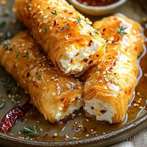 Oven Fried Feta Rolls, Fried Feta Rolls, Feta Rolls, Honey Appetizers, Baklava Rolls, Fried Feta, Chili Honey, Phyllo Recipes, Munchies Snacks