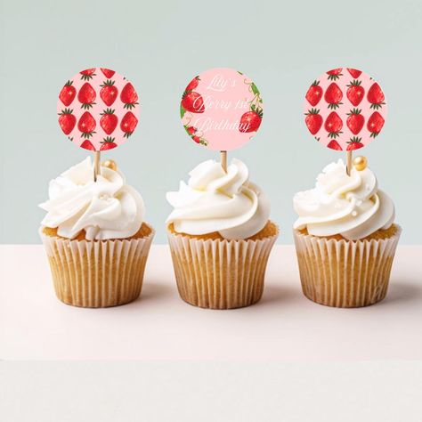 Bundle & save 60% on 3 or more items! MATCHING THEME PARTY DECOR https://www.etsy.com/shop/ArtoftheInviteCo?ref=shop-header-name&listing_id=1833842796&from_page=listing&search_query=003  Make your cupcakes as sweet as your celebration with these adorable printable cupcake toppers! Perfect for a berry-themed first birthday or baby shower, these customizable toppers are designed to add a playful and charming touch to your cupcakes, cakes, or other treats. Whether you're hosting a first birthday party or a baby shower, these toppers will make your party spread extra special. With vibrant berry illustrations and a cute design, these instant download toppers are easy to print, cut, and attach to toothpicks for a quick and personalized decoration. Simply download, customize, and print--it's a fu