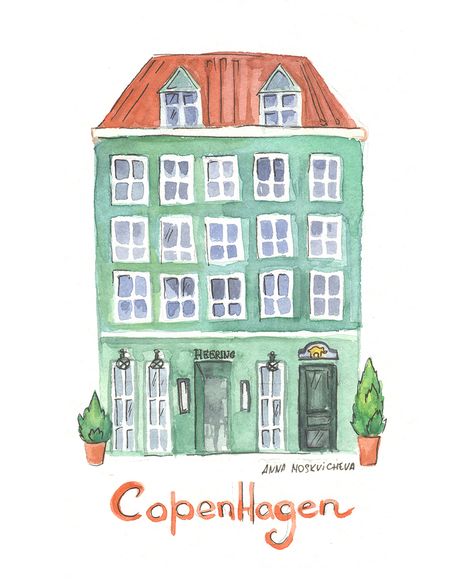 Copenhagen Aesthetic Wallpaper, Copenhagen Watercolor, Scandi Illustration, Copenhagen Drawing, Copenhagen Illustration, Copenhagen Painting, Drawing Buildings, Copenhagen Aesthetic, City Sketches