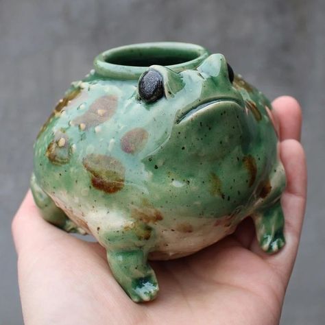 Frog Mug Pottery, Interesting Ceramic Ideas, Ceramic Frog Mug, Frog Pinch Pot, Animal Pottery Ideas, Cermanic Ideas, Ceramics Frog, Unique Pottery Ideas Creative, Silly Ceramics