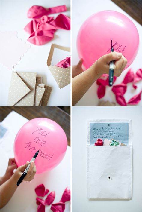 DIY birthday balloon bouquet - Card reads...Blow up the balloon, hold it tight. On it write something nice. Let out the air and fold it up. Send it back with your name and love. One Balloon, Personalized Balloons, Balloon Bouquet, Diy Birthday, Birthday Gift Ideas, Birthday Balloons, Homemade Gifts, Creative Gifts, San Valentino