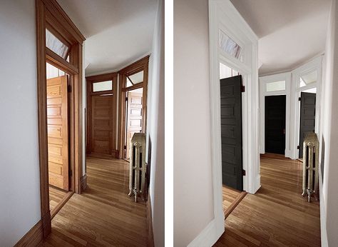 Hallway Before and After Mockup Painting Wood Trim, Dark Wood Trim, Painting Trim White, Property Ideas, Living Hall, Painting Wood, Interior Painting, White Doors, Painting Trim