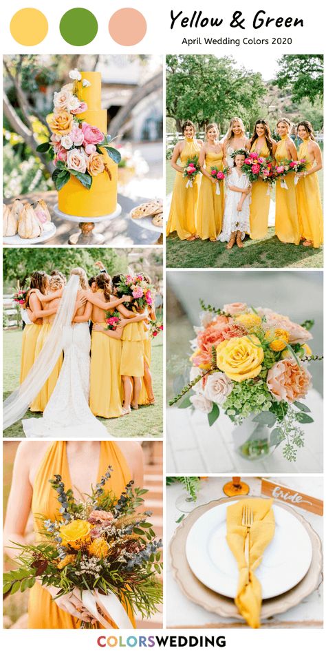 Yellow And Lime Green Wedding, Yellow And Green Wedding, April Wedding Colors, Lime Green Weddings, Yellow Wedding Colors, Spring Wedding Color Palette, Wedding Color Combinations, Yellow Wedding Theme, Wedding Color Combos