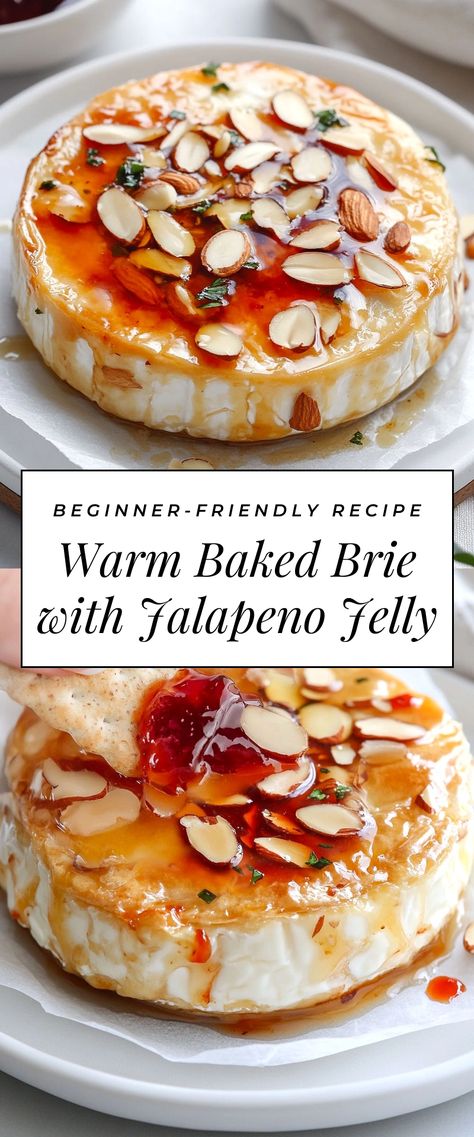 Image for Warm Baked Brie with Jalapeno Jelly Brie Hot Pepper Jelly, Brie Red Pepper Jelly Appetizer, Brie Cheese Recipes Baked With Jam, Baked Brie With Red Pepper Jelly, Brie And Pepper Jelly Appetizer, Baked Brie With Pepper Jelly, Brie With Pepper Jelly, Red Pepper Jelly Appetizer, Holiday Baked Brie