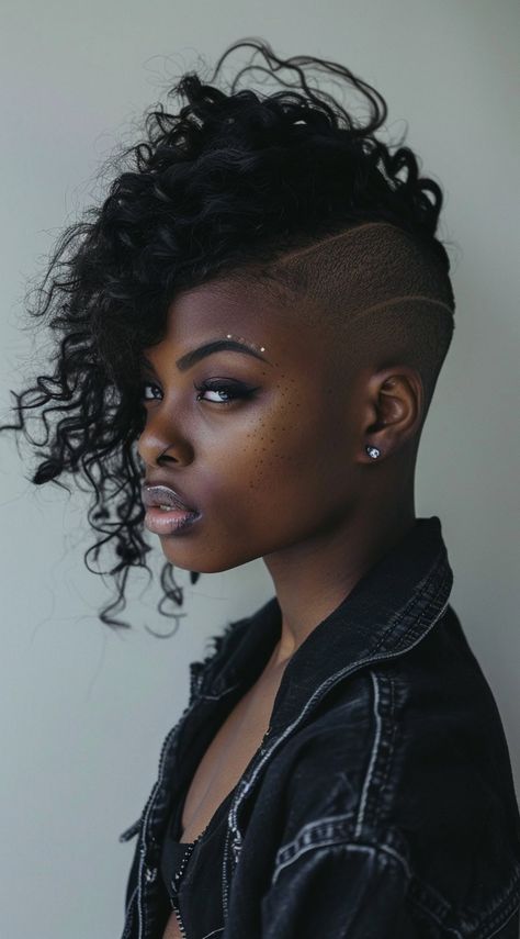 17 One Side Shaved Hairstyles for Black Women: Bold and Beautiful Ideas to Inspire Your Next Look | LooksNiceOnMe Curly Hair Shaved Sides Woman, Sides Shaved Hairstyles, Shaved Hair Black Women, Female Mohawk Shaved Sides, Shaved Side Hairstyles African American, Black Hairstyles Women, Side Hairdo, Rockstar Hairstyles For Women, Shaved Sides With Bangs