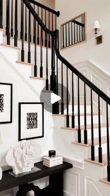 5,950 likes, 41 comments - nellabellacasa on March 30, 2022: "When it all starts coming together 🤩 #stairway #stairwaydecor #stairwaydesign #pendantlights #mirrors #blackstaircase #railingrefresh ...". Stair Railing Ideas Black And White, Black And White Banister, Black Risers On Stairs, Staircase With Black Spindles, Black And White Bannister, Black Spindles Staircase, Black White Staircase, Black And White Staircase, White Banister