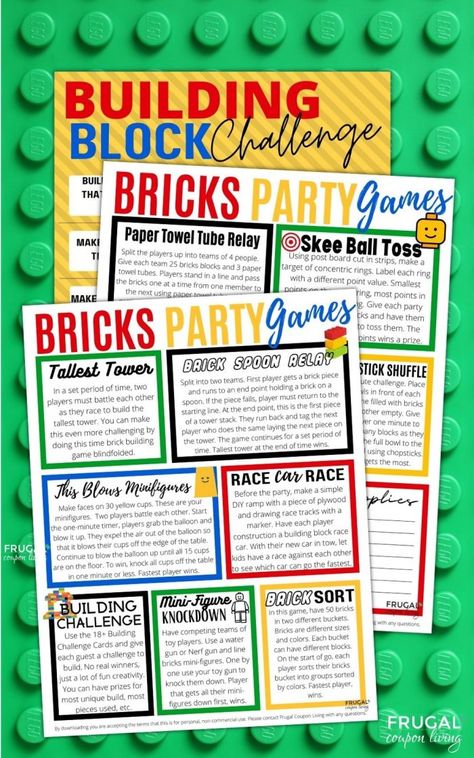 Lego Party Games, Building Challenge, Lego Themed Party, Lego Challenge, Birthday Party Games For Kids, Paper Towel Tubes, Lego Club, Minute To Win, Lego Activities