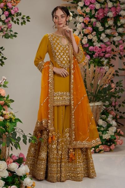 Buy Orange Kurta And Sharara Silk Embroidered Gota Round Set For Women by Preeti S Kapoor Online at Aza Fashions. Sangeet Sharara, Orange Sharara Suit, Sharara Wedding, Sharara Designs For Wedding, Casual Anarkali, Yellow Sharara, Bridal Sharara, Punjabi Dresses, Kurta And Sharara