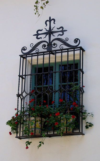 Spanish wrought iron window grill Wrought Iron Window, Iron Window Grill, Window Grills, Spanish Style Decor, Santa Barbara Style, Window Bars, Iron Windows, Window Grill Design, Window Grill