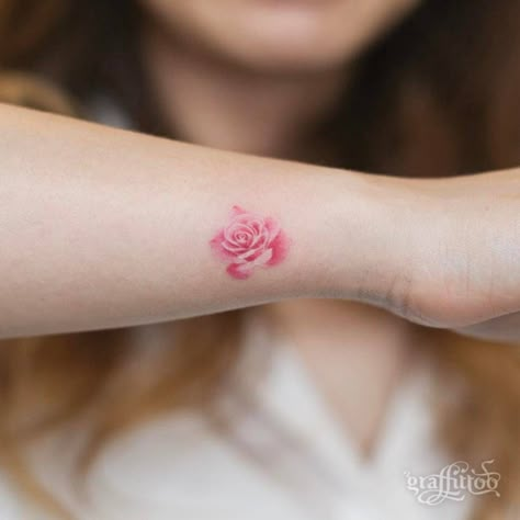 Pink Rose Tattoo, Pink Tattoo Ink, Pink Flower Tattoos, Rose Tat, Pink Rose Tattoos, Pink Tattoo, Small Rose Tattoo, Flower Wrist Tattoos, Cross Tattoos