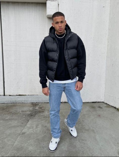 Blue Jeans Outfit Men, Winter Outfits Men Streetwear, Vest Outfits Men, Hoodie Outfit Men, Guys Fashion Casual, Outfits Men Streetwear, Jeans Outfit Men, Streetwear Winter, Trendy Boy Outfits